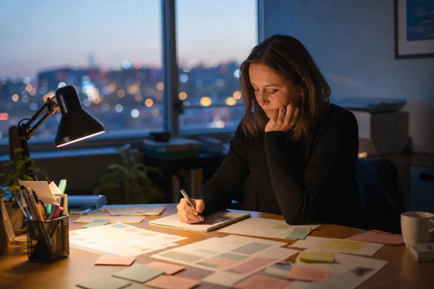 An L&D leader planning a corporate training strategy at her desk in the evening with printed notes and a desk lamp