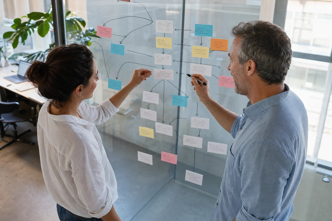 Two coworkers mapping out a branching decision tree of workplace scenarios on a glass wall with sticky notes and arrows