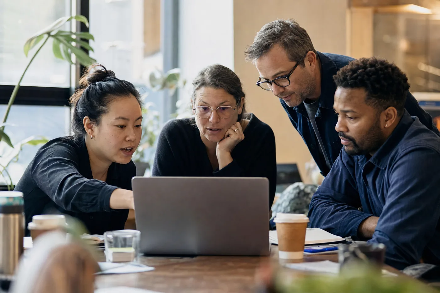 Coworkers in an AI literacy training session gathered around a laptop in a bright office, learning to use AI tools together