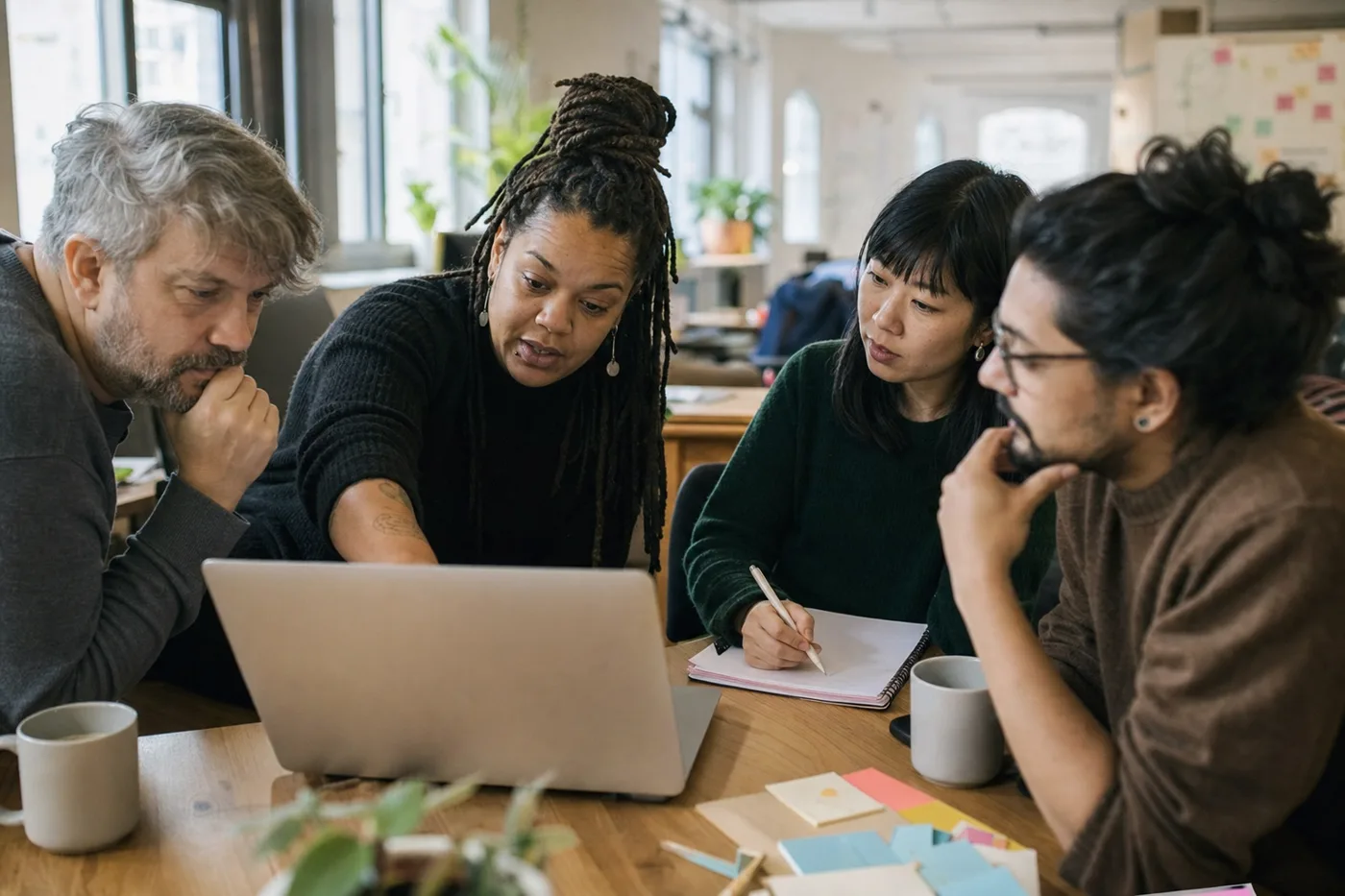 Coworkers in an AI reskilling huddle gathered around a laptop in a bright open-plan office