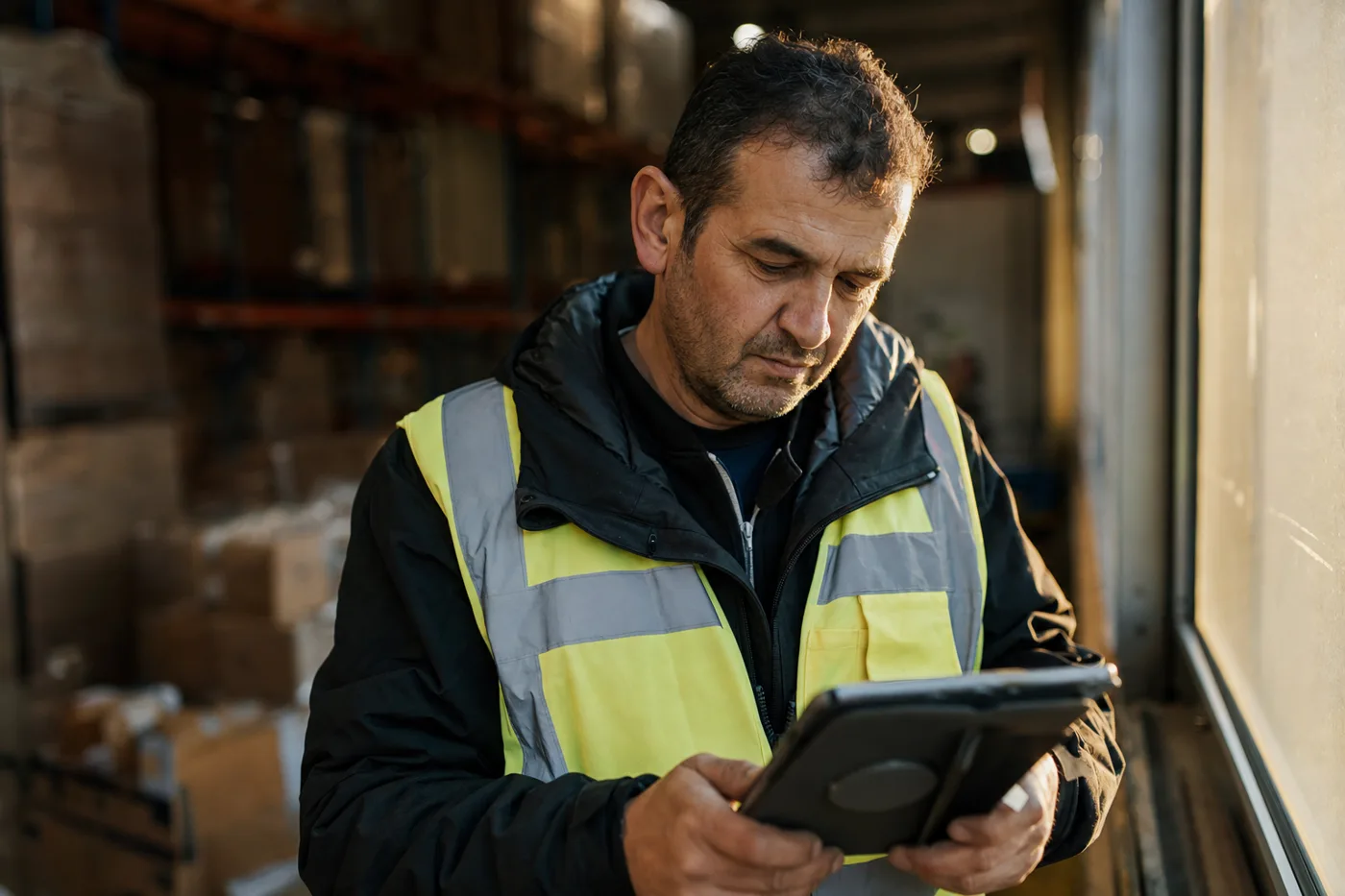 A frontline logistics worker pausing to learn on a tablet mid-shift, warm window light, shallow depth of field, candid documentary style
