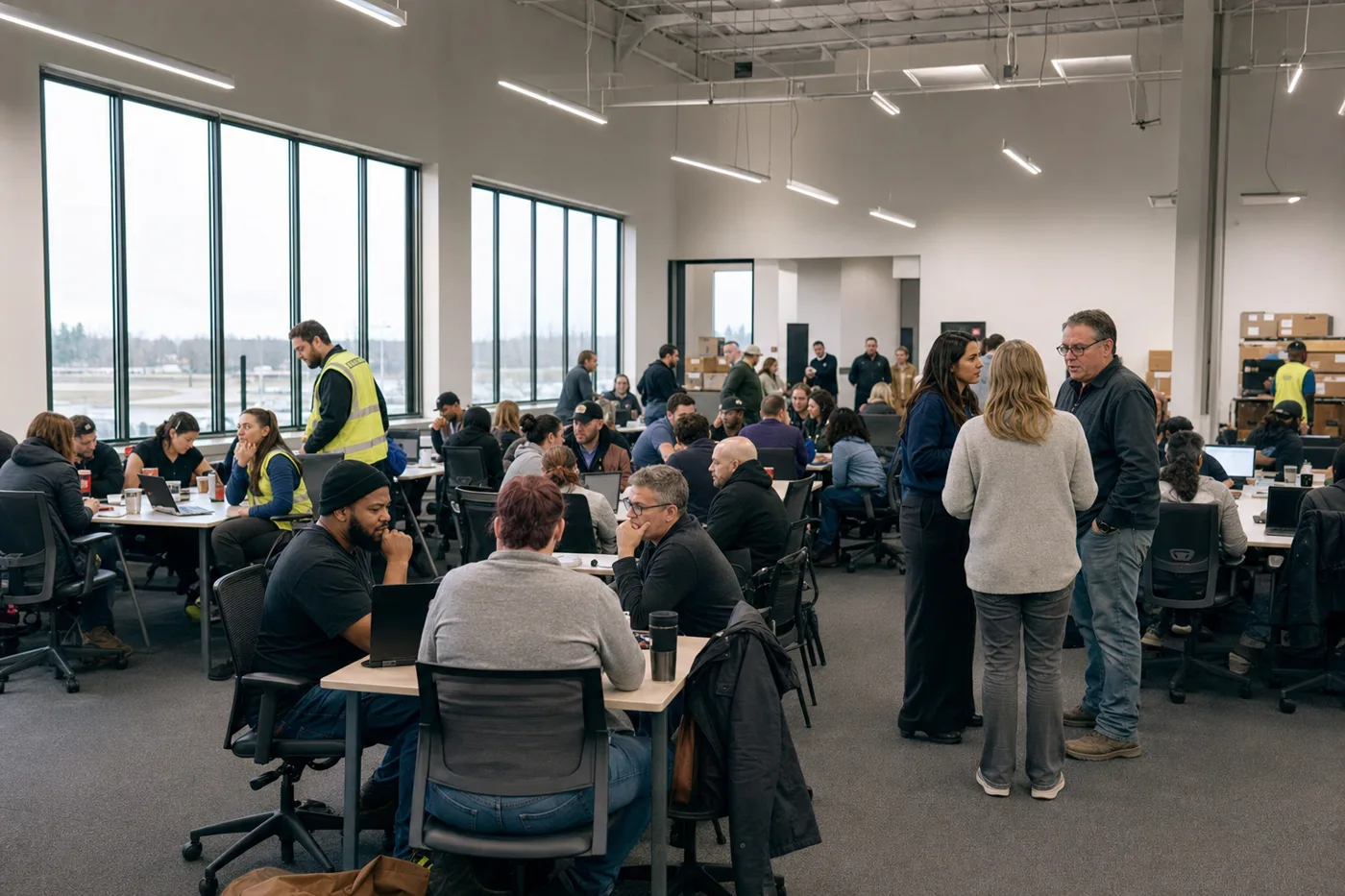Rows of warehouse and office employees in a large bright facility during an AI training at scale rollout