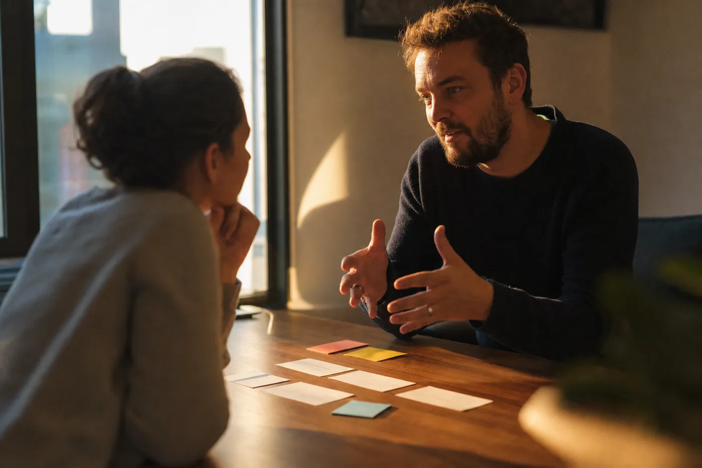 Two coworkers rehearsing a coaching conversation at a table with printed cards and sticky notes, in warm late-afternoon light casting long shadows