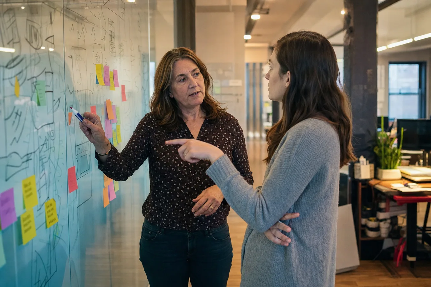 A seasoned employee capturing institutional knowledge on a glass wall of diagrams while a younger coworker learns