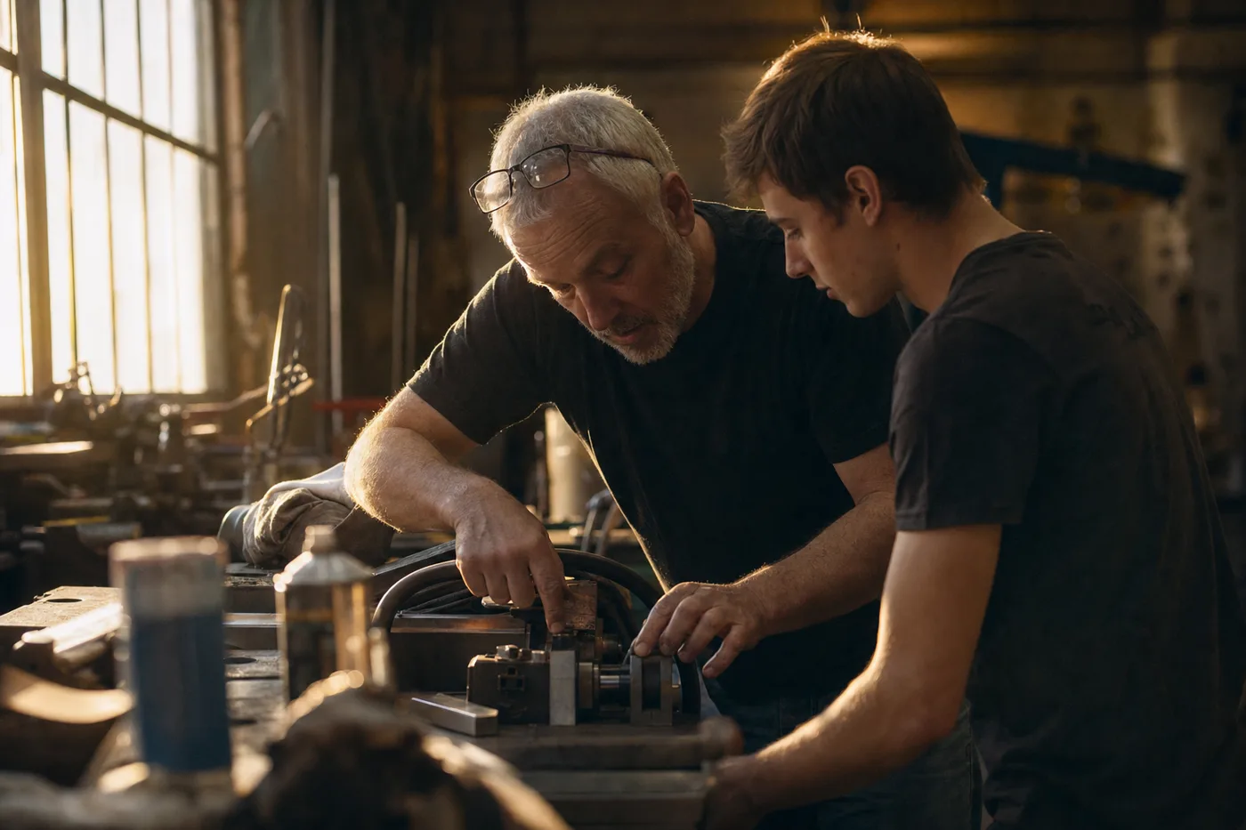 A grey-haired experienced technician near retirement showing a younger apprentice how to do a hands-on task in warm late-afternoon light