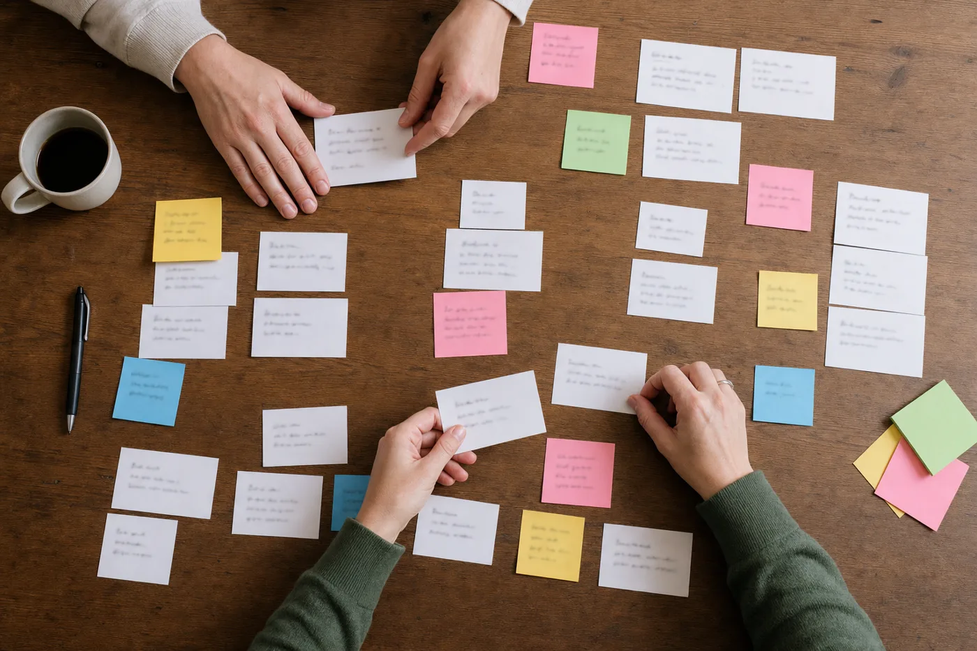 Overhead view of two pairs of hands arranging printed cards and sticky notes into groups on a wooden desk in soft daylight