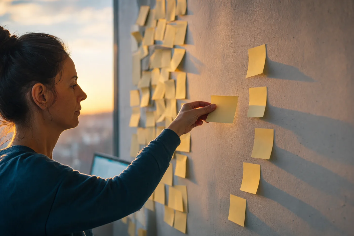 A woman rearranging sticky notes from a cluttered stack into a clean spaced path, contrasting passive and active onboarding