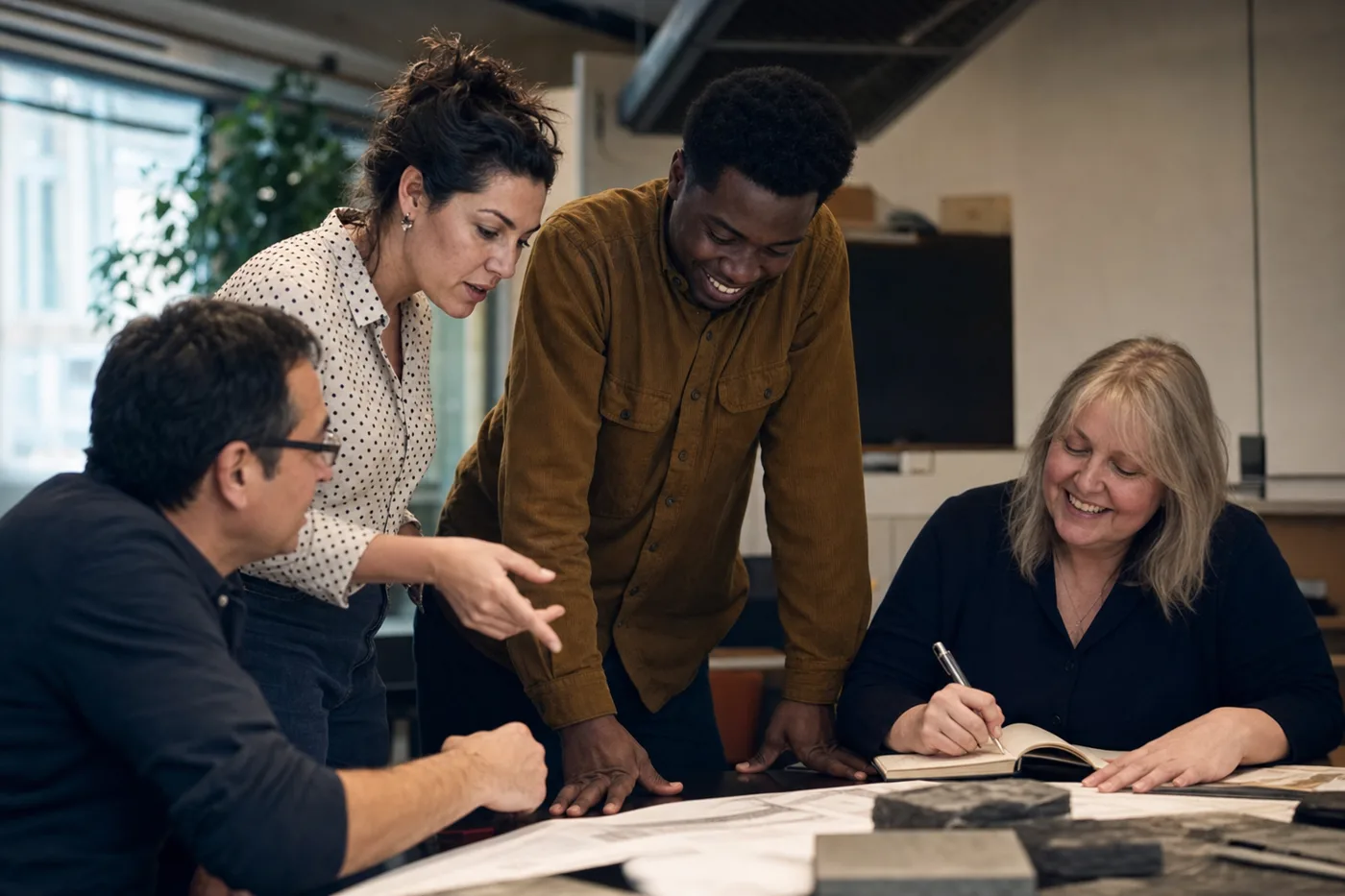 Coworkers leaning in during a hands-on session, a picture of real employee training motivation at work