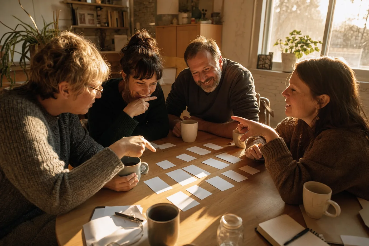 Coworkers in a small workshop arranging printed cards on a table while one quizzes another, warm afternoon light through the window