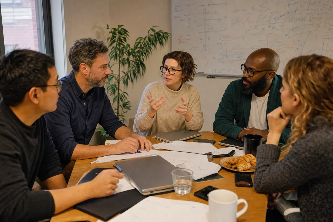 Employees in a candid workplace session discussing interactive compliance training