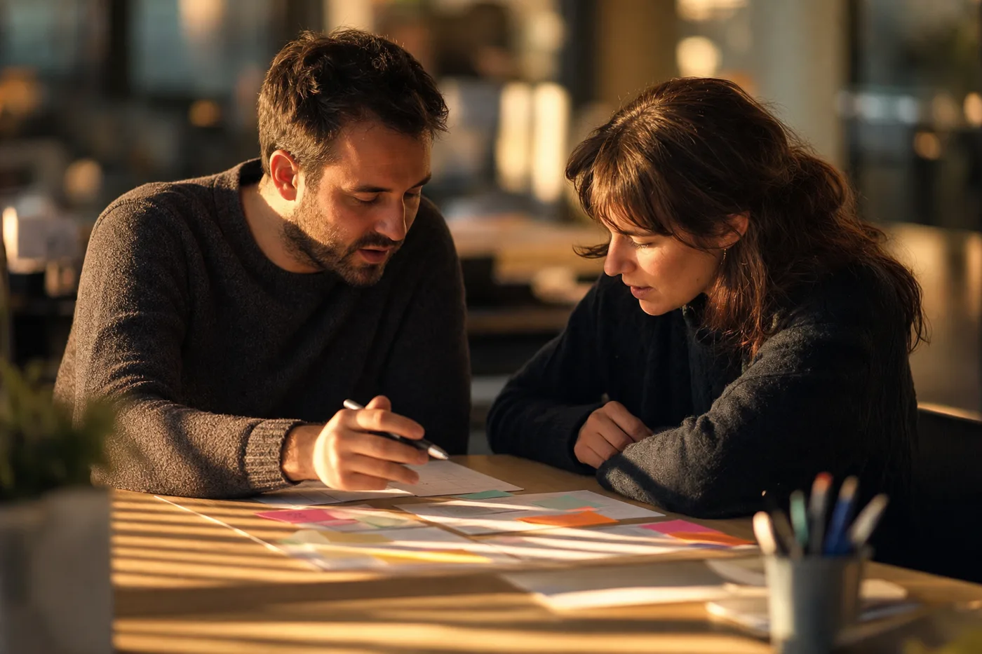 Two coworkers reviewing compliance scenarios together at a desk during interactive compliance training