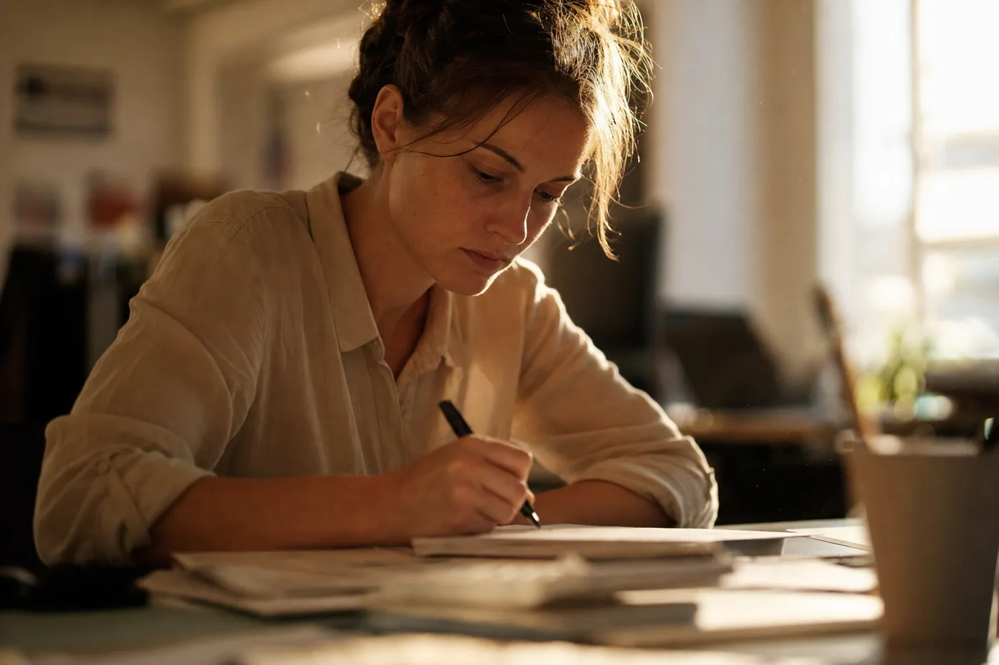 A woman working hands-on at her desk in warm golden hour light, practicing a task rather than watching a video