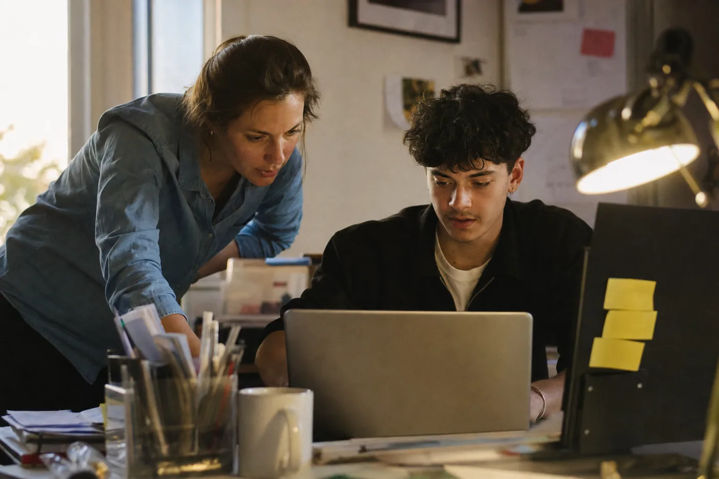 Two coworkers learning in the flow of work, a senior colleague guiding a younger one through a real task at a laptop in a bright office
