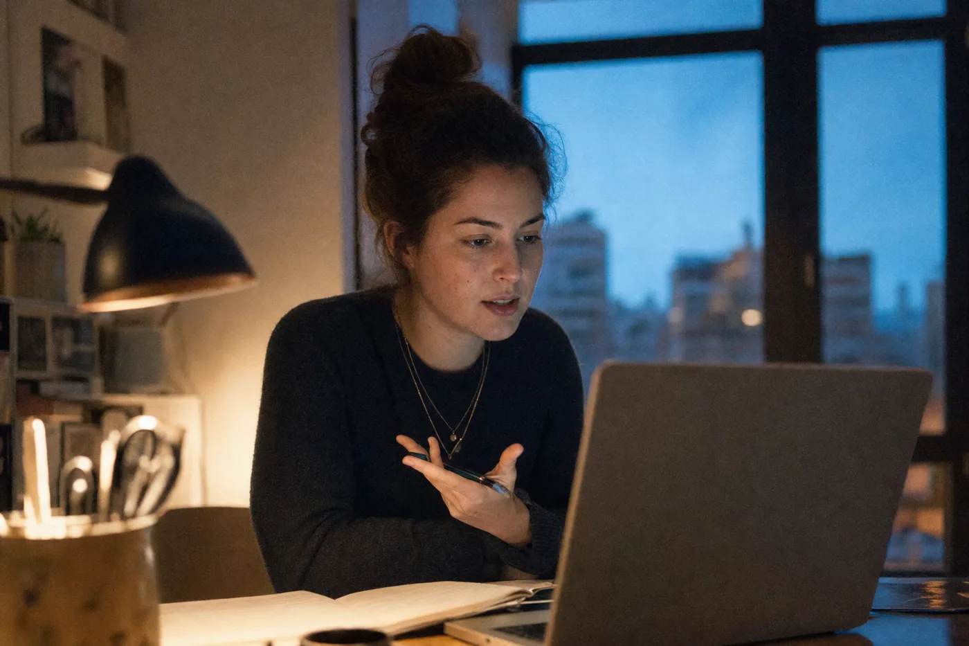 A woman working one-on-one with an AI tutor on a laptop in a quiet office at dusk, warm lamp light on her face