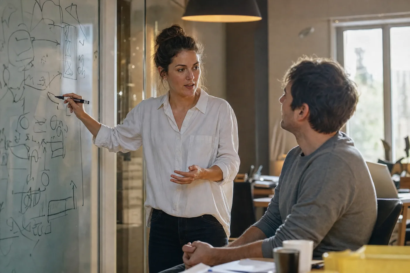 Two coworkers practicing metacognition in training, one explaining a concept back at a glass wall of hand-drawn marks