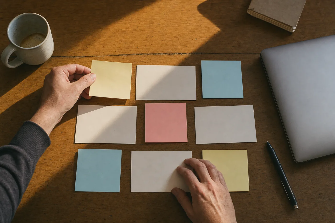 Hands arranging blank sticky notes and index cards on a wooden desk in early morning light