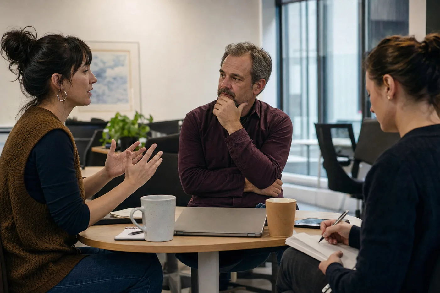 Two coworkers in a practice-based training session rehearsing a difficult conversation while a colleague observes