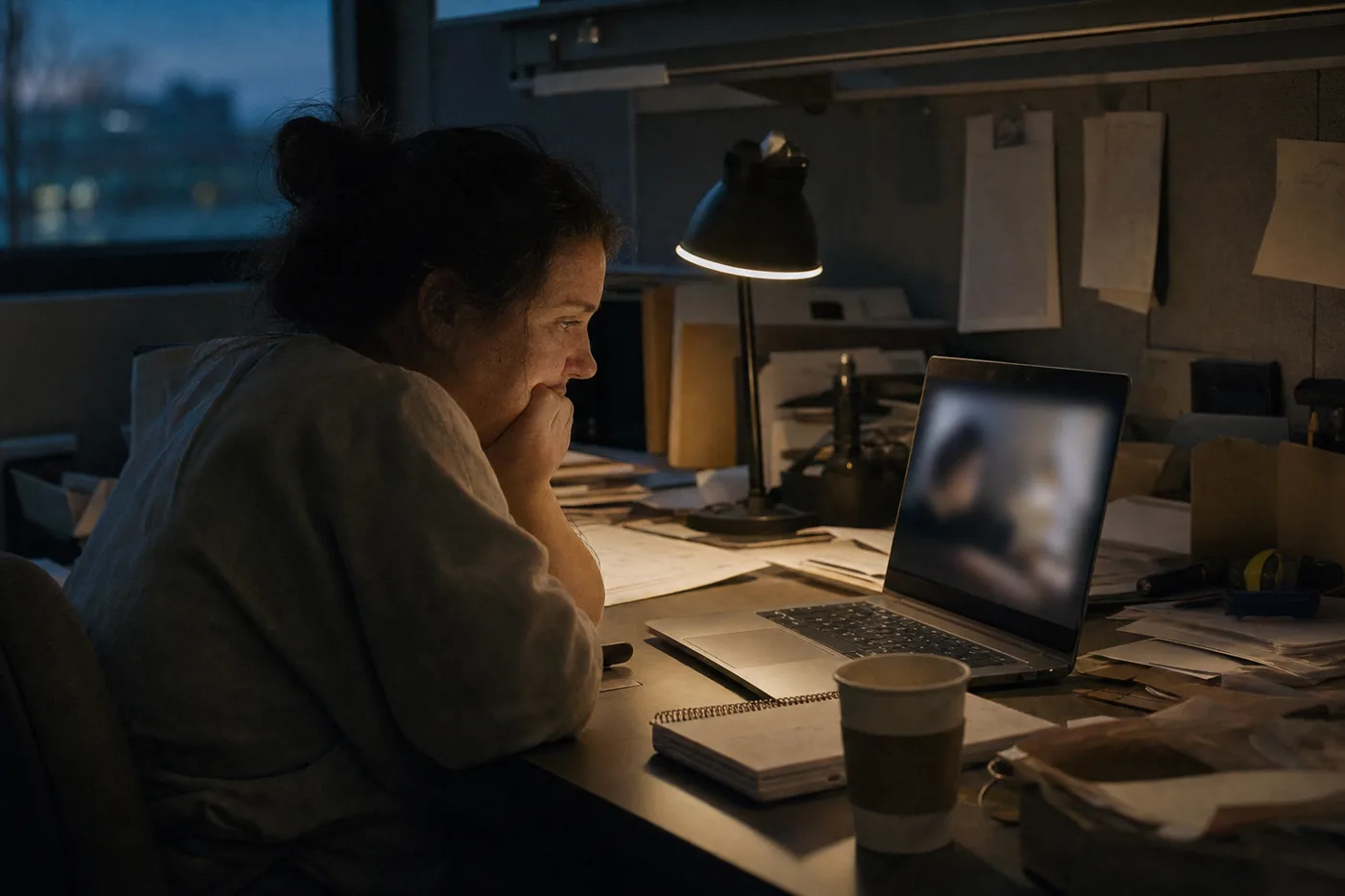 An office worker passively watching a blurry training video alone at dusk, screen glow on a tired face